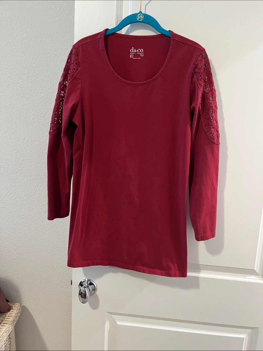 Denim&Co Maroon Long-Sleeve Scoop Neck with Lace Shoulders
